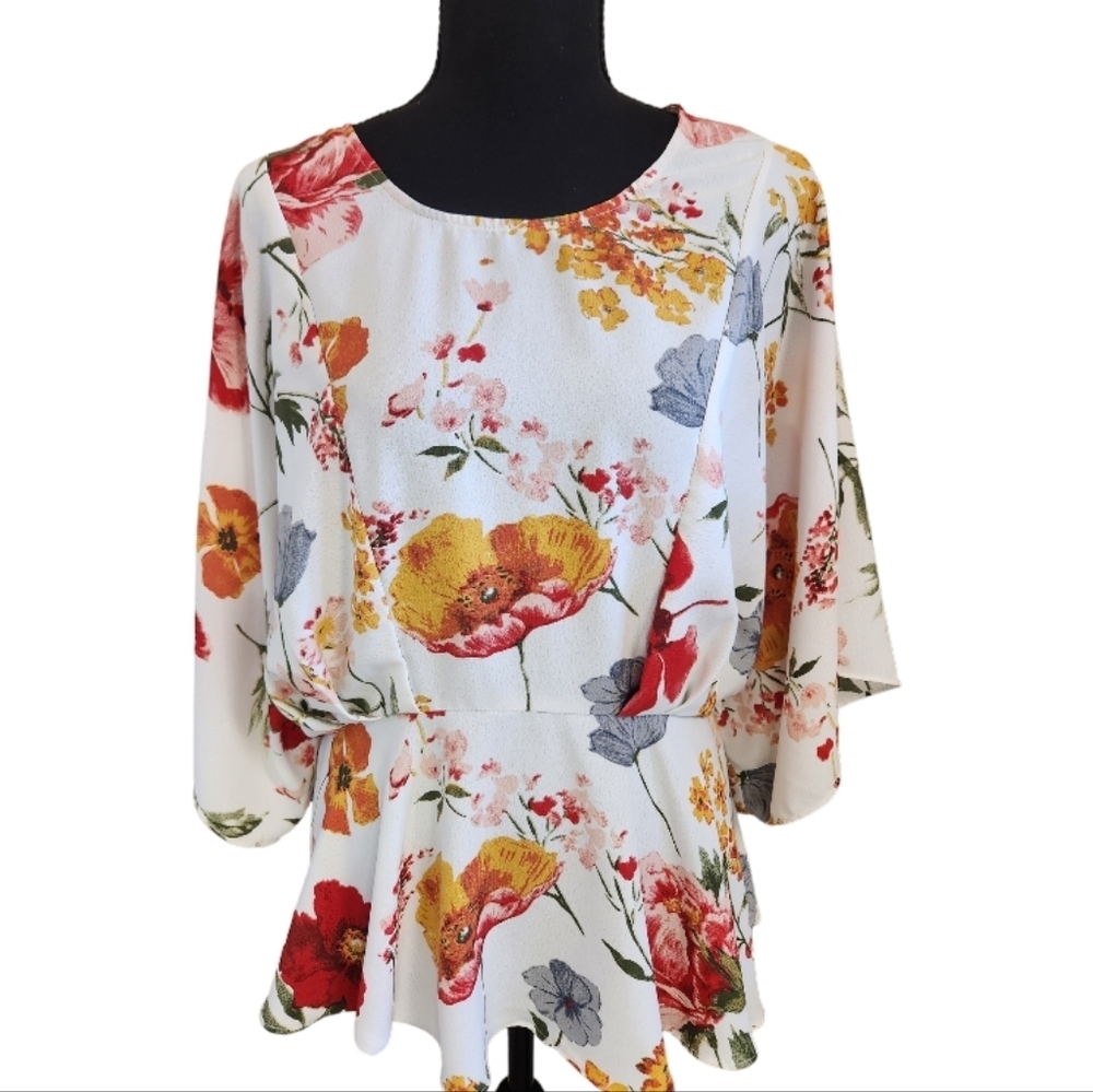 UMGEE floral peplum batwing blouse orange red pink white size large